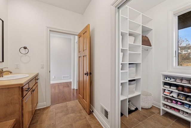 interior space with vanity, baseboards, and visible vents