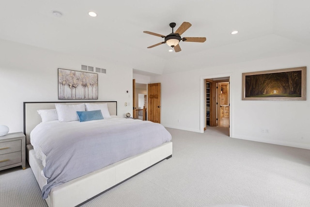 bedroom featuring carpet flooring, baseboards, visible vents, and recessed lighting