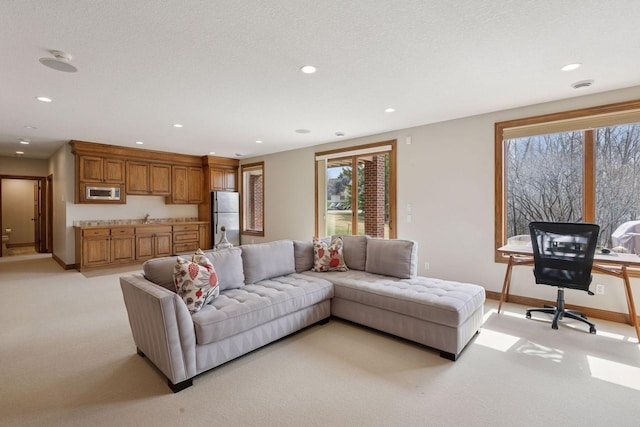 living area with light colored carpet, plenty of natural light, and baseboards