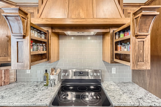 15141 Partridge St NW, Andover, MN 55304 - kitchen featuring stainless steel range with electric cooktop, open shelves, and tasteful backsplash