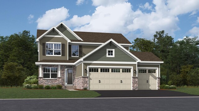 craftsman-style house featuring a front lawn, driveway, stone siding, a garage, and a shingled roof