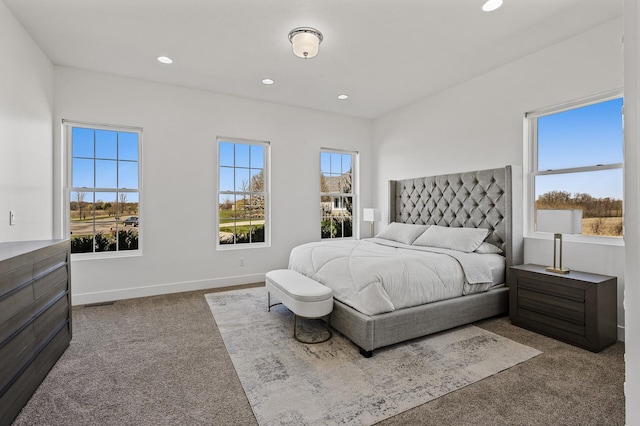 bedroom with carpet flooring, recessed lighting, and baseboards