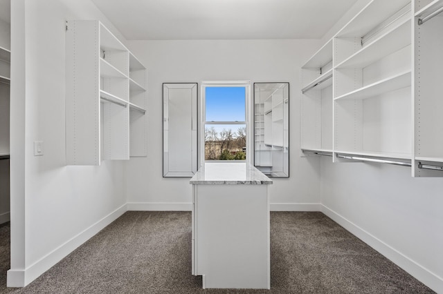 walk in closet with dark carpet