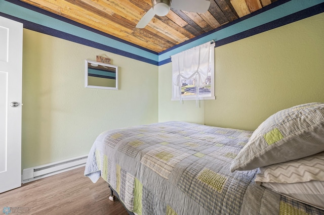 bedroom featuring a baseboard radiator, a textured wall, wood finished floors, and wooden ceiling