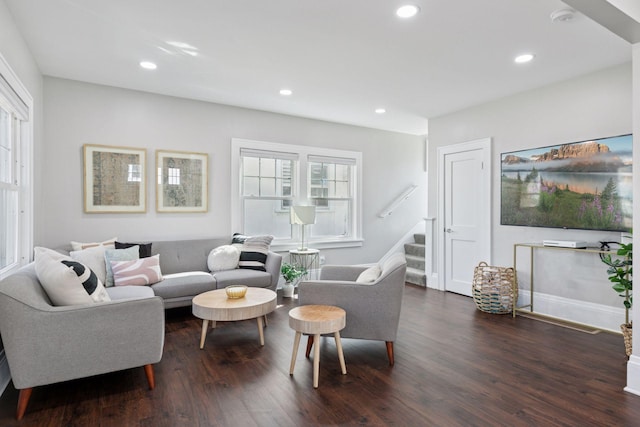 1744 Jefferson Ave, Saint Paul, MN 55105 - living room with stairs, dark wood-style flooring, recessed lighting, and baseboards
