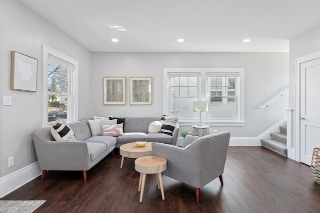 1744 Jefferson Ave, Saint Paul, MN 55105 - living area with dark wood finished floors, stairway, baseboards, and recessed lighting