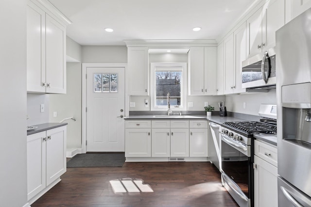 1744 Jefferson Ave, Saint Paul, MN 55105 - kitchen featuring stainless steel appliances, a sink, white cabinetry, dark wood-style floors, and recessed lighting