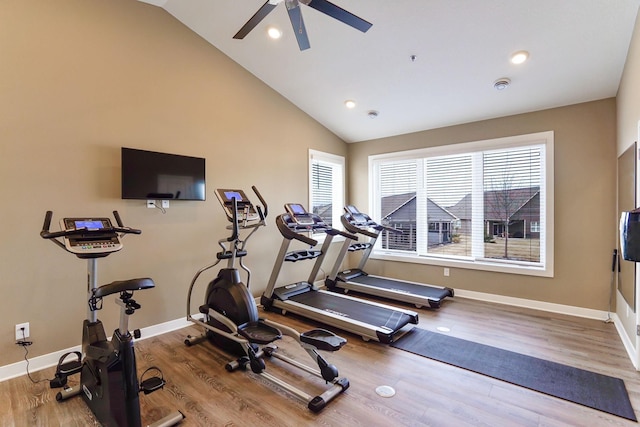 19336 Grass Lake Trl, Rogers, MN 55374 - exercise room featuring baseboards, a ceiling fan, wood finished floors, and vaulted ceiling