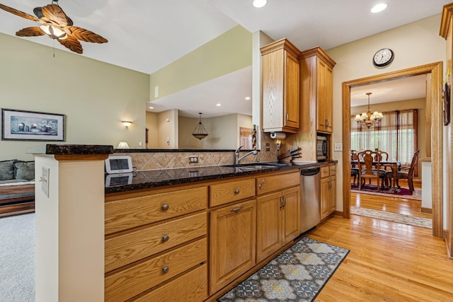 3041 209th Ln NW, Oak Grove, MN 55011 - kitchen with a sink, stainless steel dishwasher, light wood-style flooring, brown cabinetry, and a ceiling fan