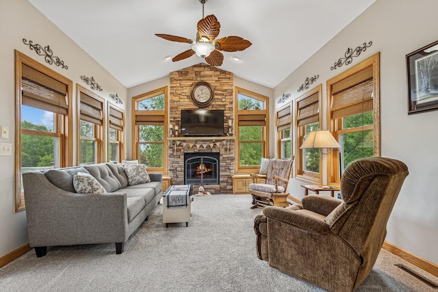 3041 209th Ln NW, Oak Grove, MN 55011 - carpeted living area featuring ceiling fan, a fireplace, healthy amount of natural light, baseboards, and lofted ceiling