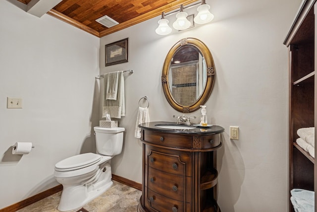 3041 209th Ln NW, Oak Grove, MN 55011 - bathroom featuring toilet, wooden ceiling, baseboards, vanity, and ornamental molding