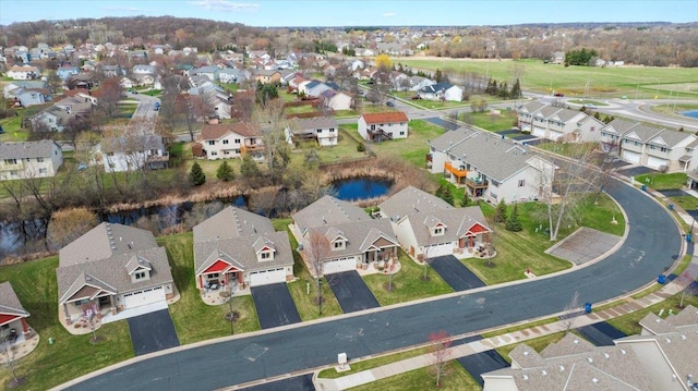 bird's eye view featuring a water view and a residential view