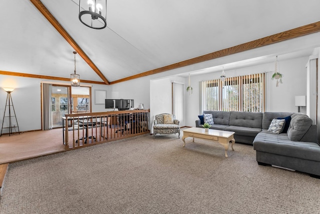 carpeted living room with an inviting chandelier, high vaulted ceiling, and beam ceiling