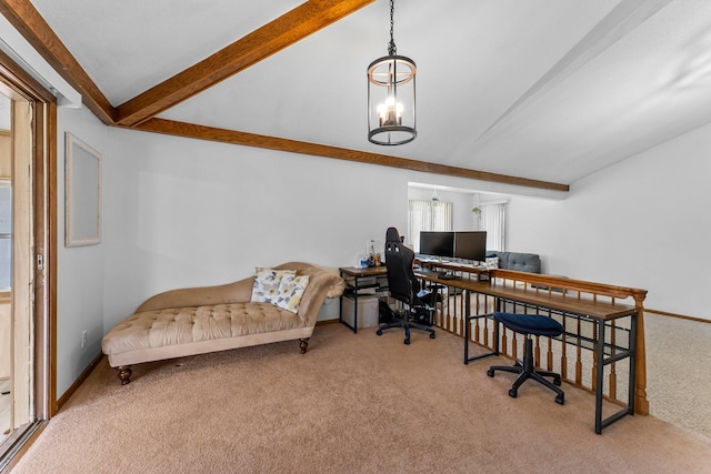 carpeted home office with baseboards and vaulted ceiling with beams