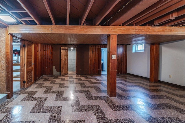 below grade area featuring wooden walls and wooden ceiling