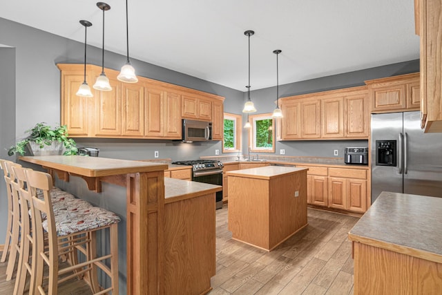 5450 Raven Point Rd, Prior Lake, MN 55372 - kitchen with appliances with stainless steel finishes, light wood finished floors, a peninsula, a sink, and light brown cabinets