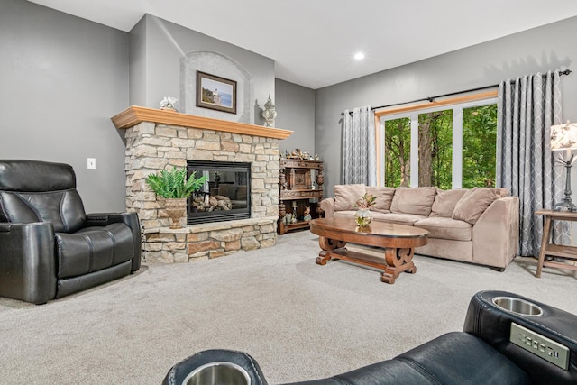 5450 Raven Point Rd, Prior Lake, MN 55372 - living area with carpet, a stone fireplace, and recessed lighting