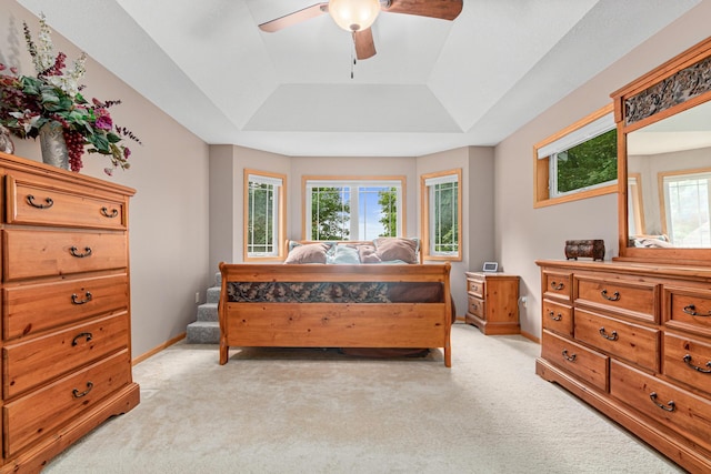 5450 Raven Point Rd, Prior Lake, MN 55372 - bedroom featuring a raised ceiling, light carpet, baseboards, and ceiling fan