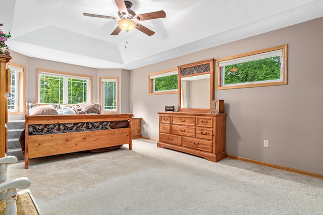 5450 Raven Point Rd, Prior Lake, MN 55372 - bedroom with a raised ceiling, carpet floors, baseboards, and a ceiling fan