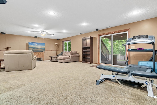 5450 Raven Point Rd, Prior Lake, MN 55372 - exercise area with ceiling fan, a textured ceiling, recessed lighting, and carpet