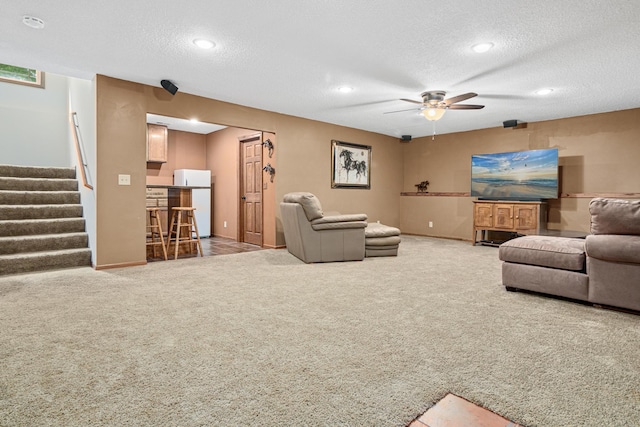 5450 Raven Point Rd, Prior Lake, MN 55372 - living room featuring bar, a ceiling fan, carpet, stairs, and a textured ceiling