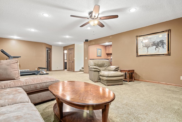 5450 Raven Point Rd, Prior Lake, MN 55372 - living room featuring light colored carpet, a ceiling fan, a textured ceiling, baseboards, and recessed lighting