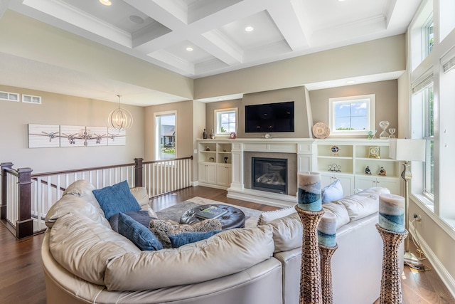 11328 Blazingstar Ln, Lake Elmo, MN 55042 - living room with a chandelier, beam ceiling, wood finished floors, coffered ceiling, and recessed lighting