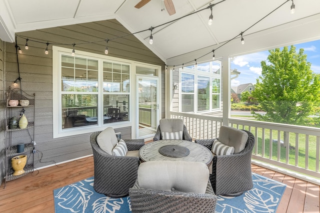11328 Blazingstar Ln, Lake Elmo, MN 55042 - sunroom with rail lighting, lofted ceiling, and ceiling fan