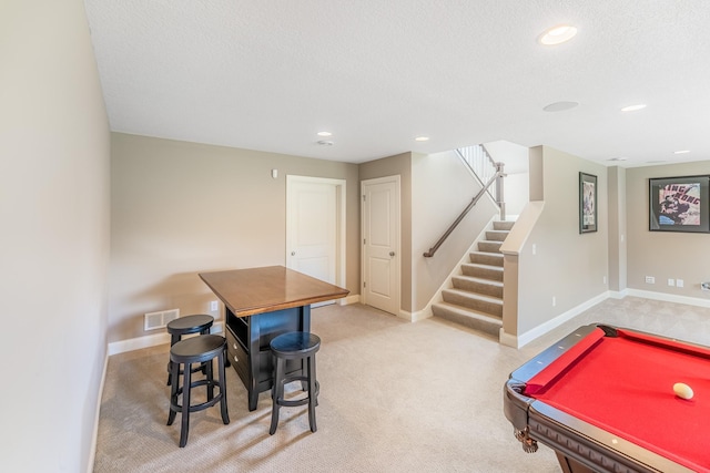 11328 Blazingstar Ln, Lake Elmo, MN 55042 - playroom with carpet flooring, baseboards, recessed lighting, a textured ceiling, and pool table