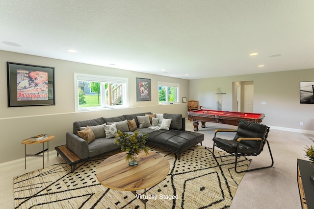 11328 Blazingstar Ln, Lake Elmo, MN 55042 - living room with pool table, baseboards, light colored carpet, and recessed lighting