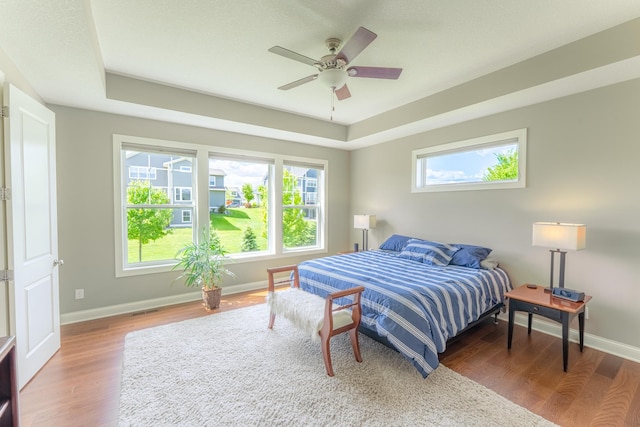 11328 Blazingstar Ln, Lake Elmo, MN 55042 - bedroom with wood finished floors, a tray ceiling, baseboards, and a ceiling fan