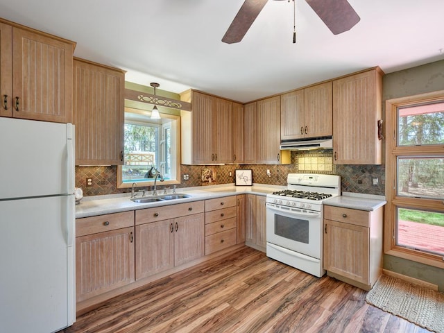 kitchen with light wood finished floors, a sink, light brown cabinets, white appliances, and under cabinet range hood