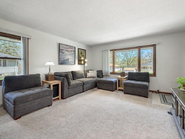carpeted living room with a healthy amount of sunlight and a textured ceiling
