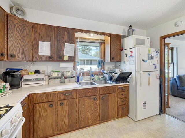 kitchen featuring brown cabinets, a sink, light floors, white appliances, and light countertops