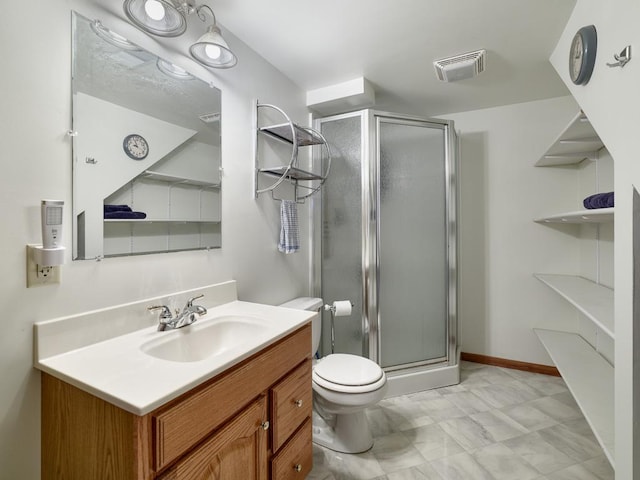 full bath with a stall shower, vanity, toilet, and visible vents
