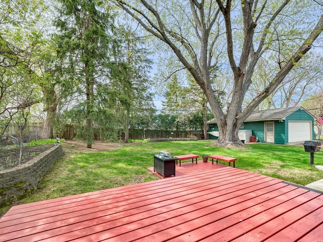 wooden deck with a fenced backyard, a garage, and a lawn