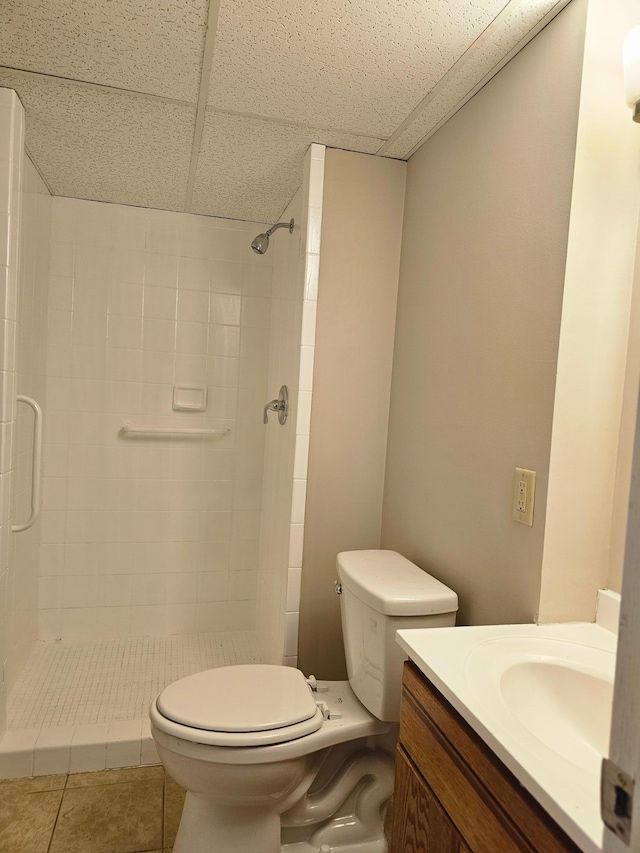 bathroom featuring a paneled ceiling, vanity, a shower stall, and toilet