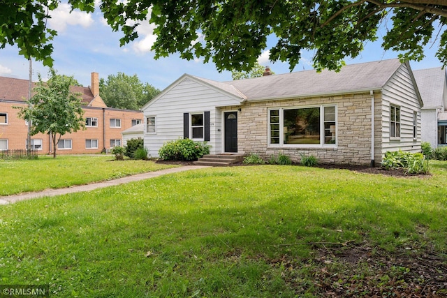 674 Wheelock Pkwy W, Saint Paul, MN 55117 - single story home with stone siding, a front yard, and a chimney
