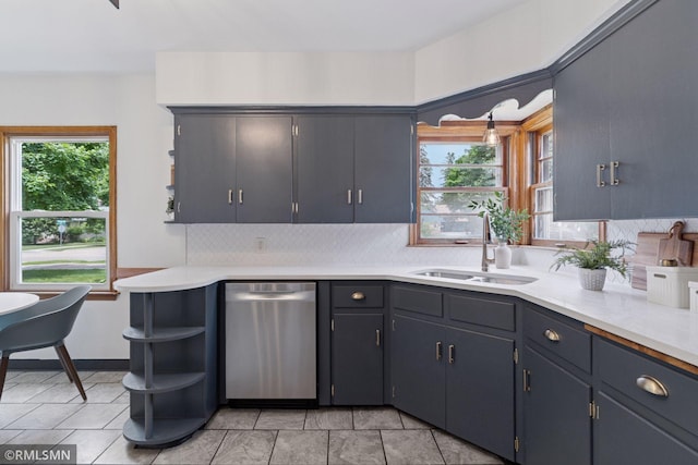 674 Wheelock Pkwy W, Saint Paul, MN 55117 - kitchen featuring stainless steel dishwasher, open shelves, light countertops, and tasteful backsplash
