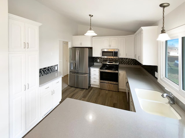 kitchen with decorative backsplash, lofted ceiling, stainless steel appliances, and a sink
