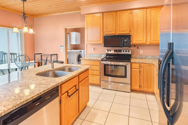 kitchen featuring a sink, black appliances, wooden ceiling, light tile patterned flooring, and ornamental molding