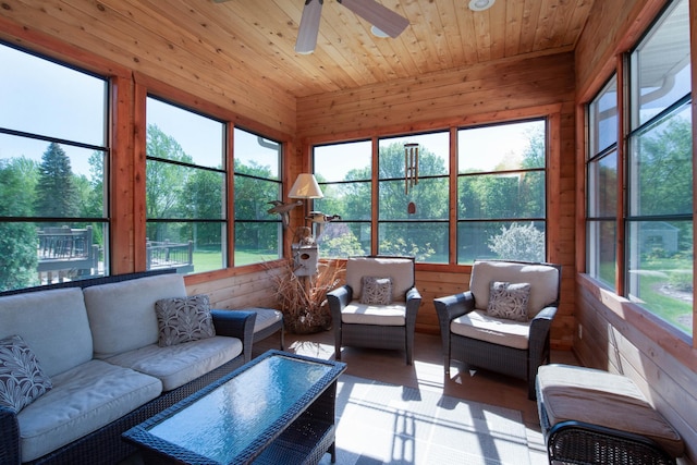 26 Deerwood Ct, North Mankato, MN 56003 - sunroom / solarium with wood walls, outdoor lounge area, plenty of natural light, ceiling fan, and wood ceiling
