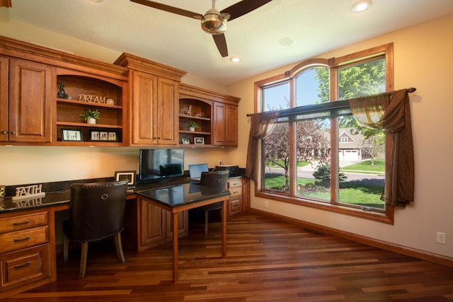 26 Deerwood Ct, North Mankato, MN 56003 - office space with built in study area, ceiling fan, dark wood-type flooring, recessed lighting, and baseboards