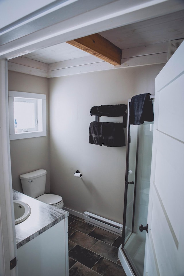 bathroom featuring vanity, toilet, a baseboard radiator, beamed ceiling, and a stall shower
