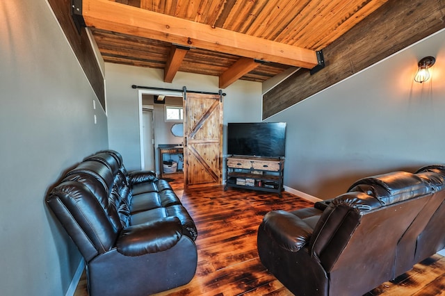 living area with wood finished floors, beam ceiling, baseboards, a barn door, and wood ceiling