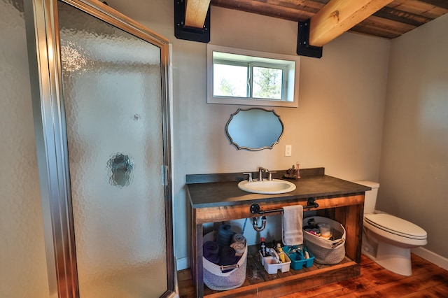 bathroom featuring toilet, wood finished floors, beamed ceiling, wood ceiling, and a stall shower
