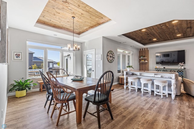 dining room featuring wood finished floors, a tray ceiling, wooden ceiling, baseboards, and a notable chandelier