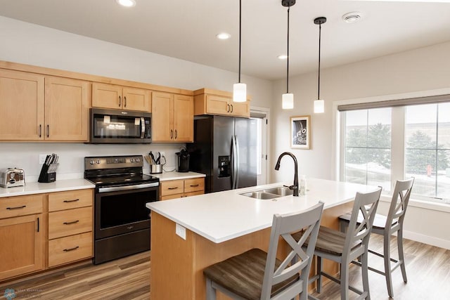 kitchen featuring light wood-style floors, a sink, light brown cabinetry, and stainless steel appliances