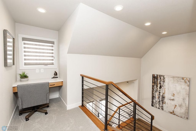 home office featuring recessed lighting, baseboards, lofted ceiling, and carpet