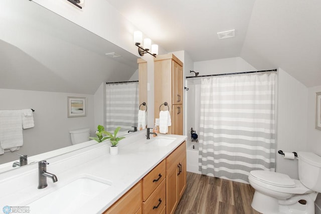 bathroom featuring wood finished floors, a sink, lofted ceiling, and toilet